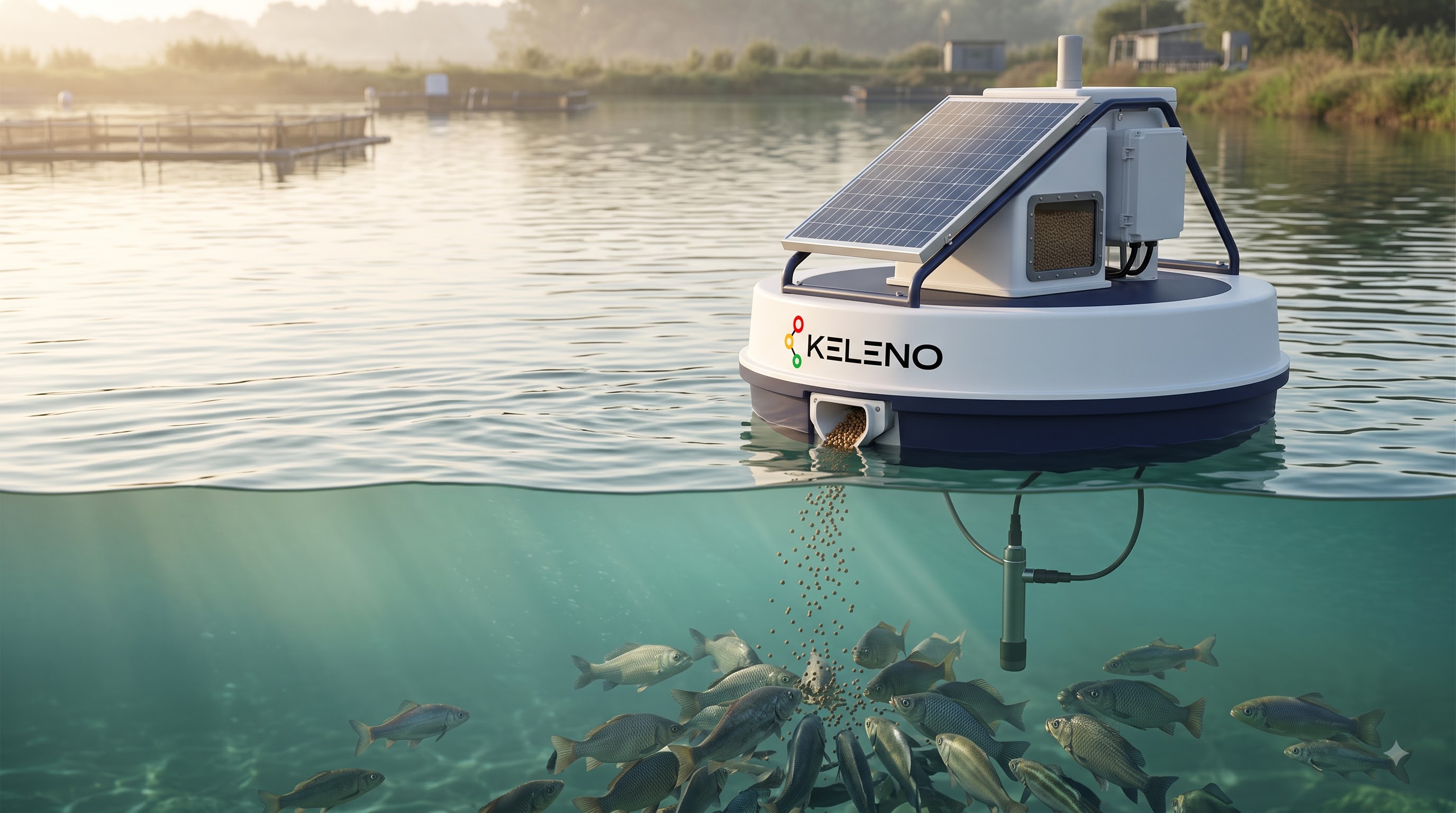 A solar-powered Keleno floating fish feeder dispensing feed to a school of fish underwater