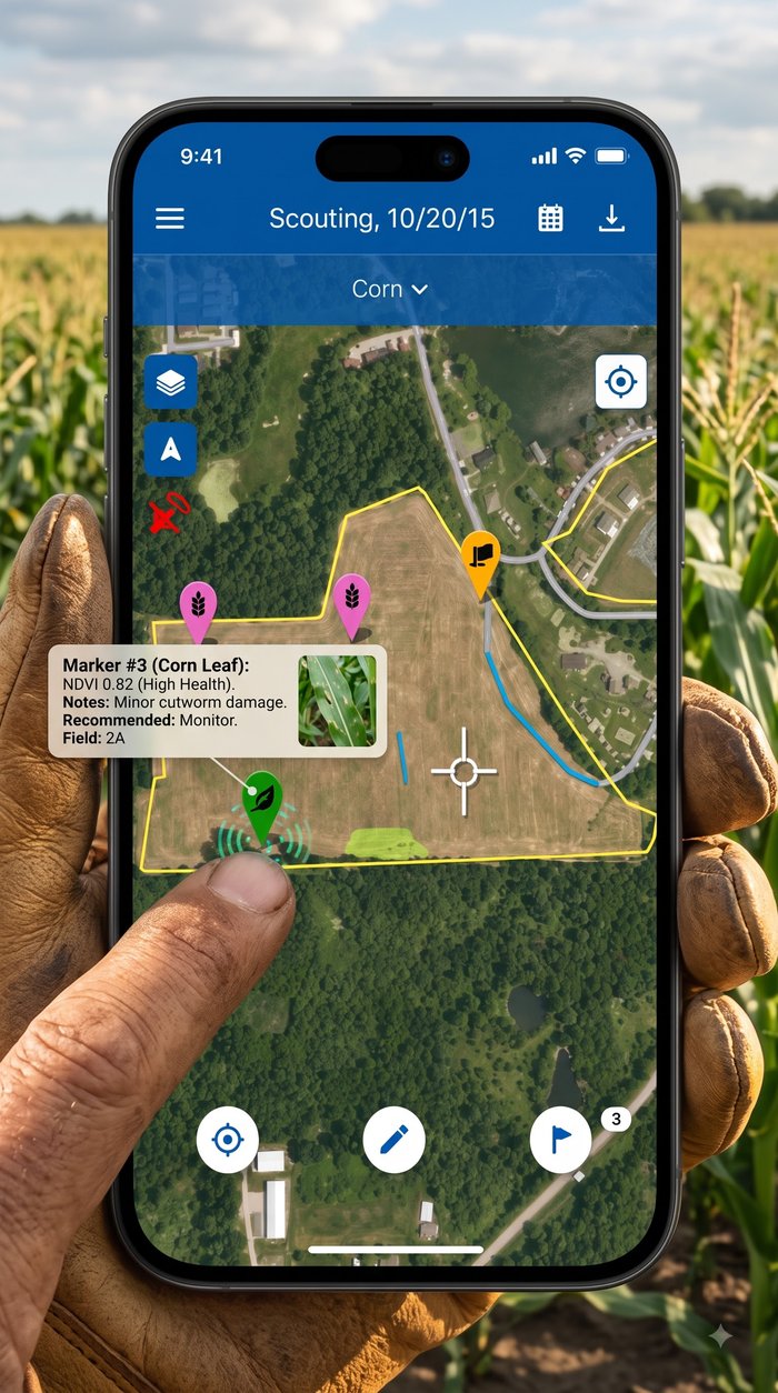 A farmer in a cornfield using the AgriSense Scout app, showing an NDVI health marker and field notes