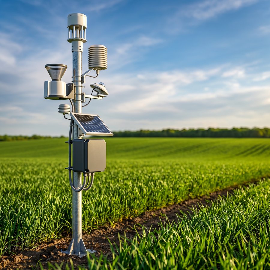 A solar-powered AgriSense weather station deployed in a crop field